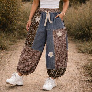 POL Boho Patchwork Harem Pants Womens Blue Paisley Leopard Drawstring